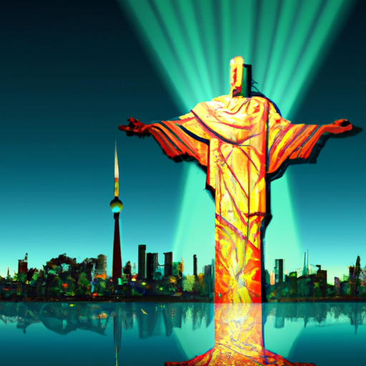 imagine a symbolic image that represents the fusion of these two nations in the digital realm. Picture a digital bridge made of glowing, pulsating data streams, connecting two landmasses representing Canada and Brazil. On each side, iconic structures like the CN Tower and Christ the Redeemer statue are subtly integrated. The style should be hyper-realistic Style: Hyperrealism